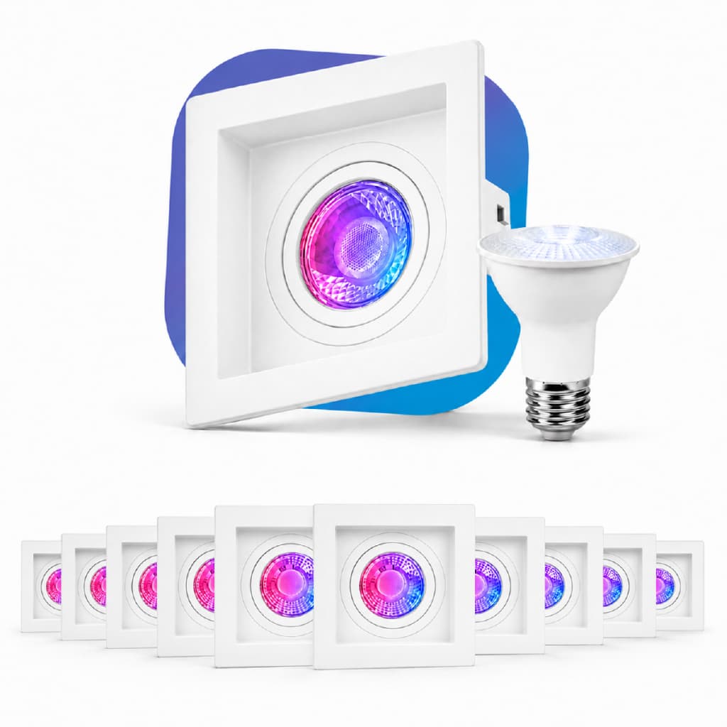 Kit 10 Spot Recuado Quadrado + Lâmpadas Led Inteligente Wi-fi 2.4 ou Zigbee Par20 7w RGB E27 Branco ou Preto Neo Avant