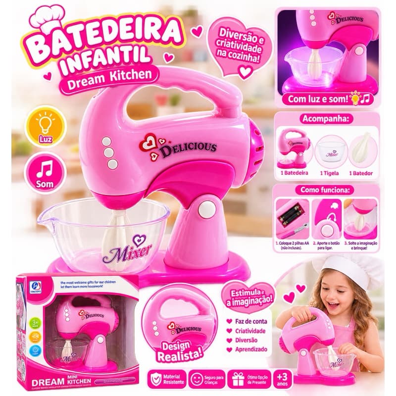Batedeira Infantil Brinquedo Dream Kitchen Com Luz E Som Musical Com Tigela E Batedor Para Crianças 3 Anos