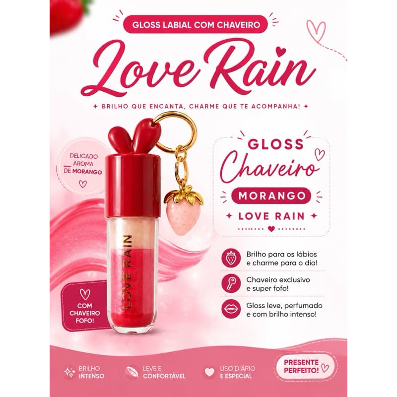 Gloss Chaveiro Love Rain tricolor morango lux