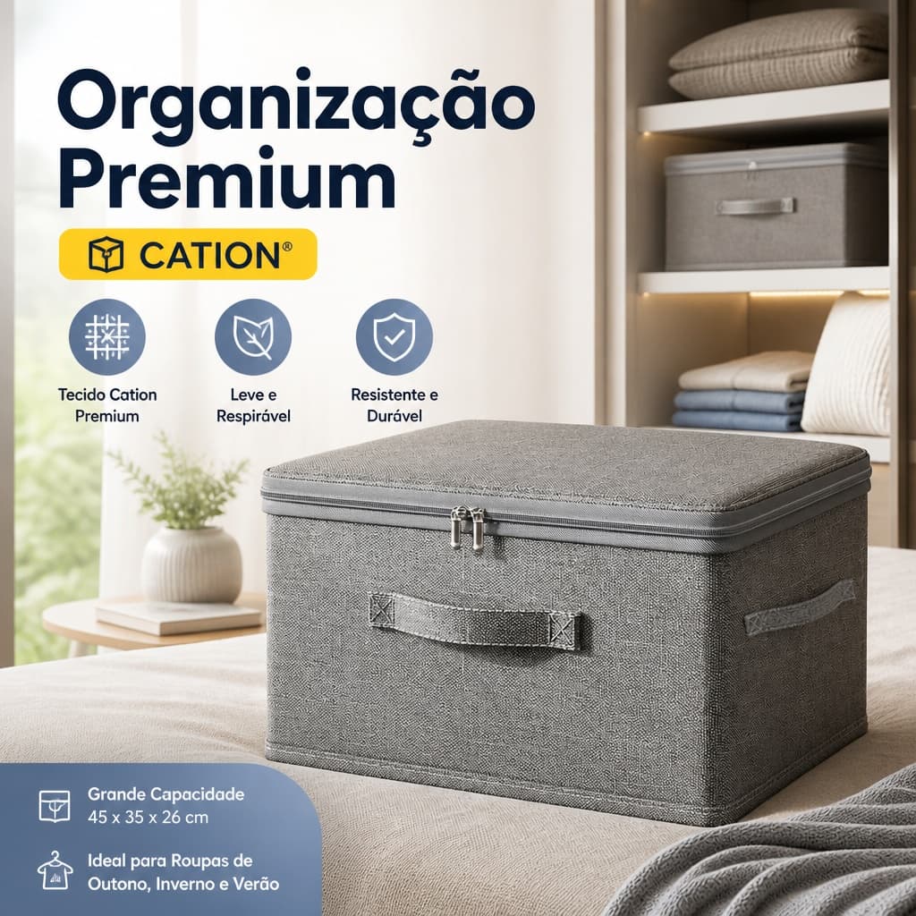 KIT1/2/3 Caixa Organizadora de Tecido com Zíper 45x35x26cm, Alças Duplas Lavável, Armazenamento Roupas para Guarda‑Roupa