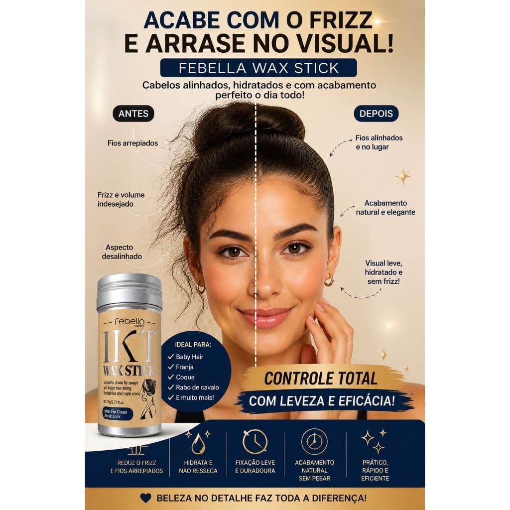 Bastão Anti Frizz Febella Wax Stick Cera Capilar Modeladora Baby Hair Controla Frizz Fios Arrepiados