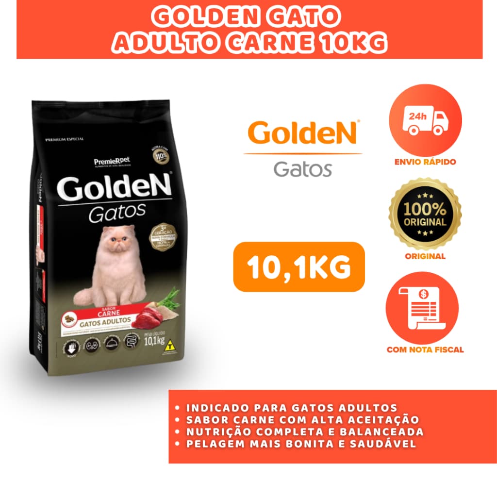 RAÇÃO GOLDEN GATOS ADULTOS CARNE 10,1KG NUTRIÇÃO COMPLETA E BALANCEADA