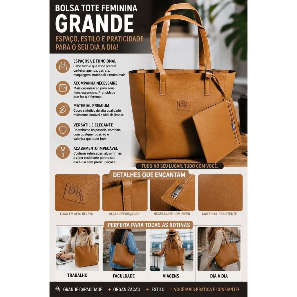 Bolsa Tote Grande Feminina + Careteira de Brinde Casual dia a dia