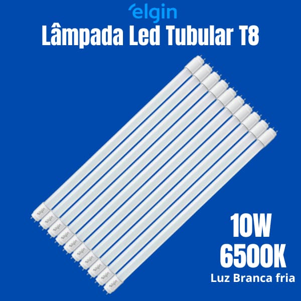 Kit 10 Lâmpada Led Tubular 10W 6500K Branco frio LD T8 Bivolt Elgin
