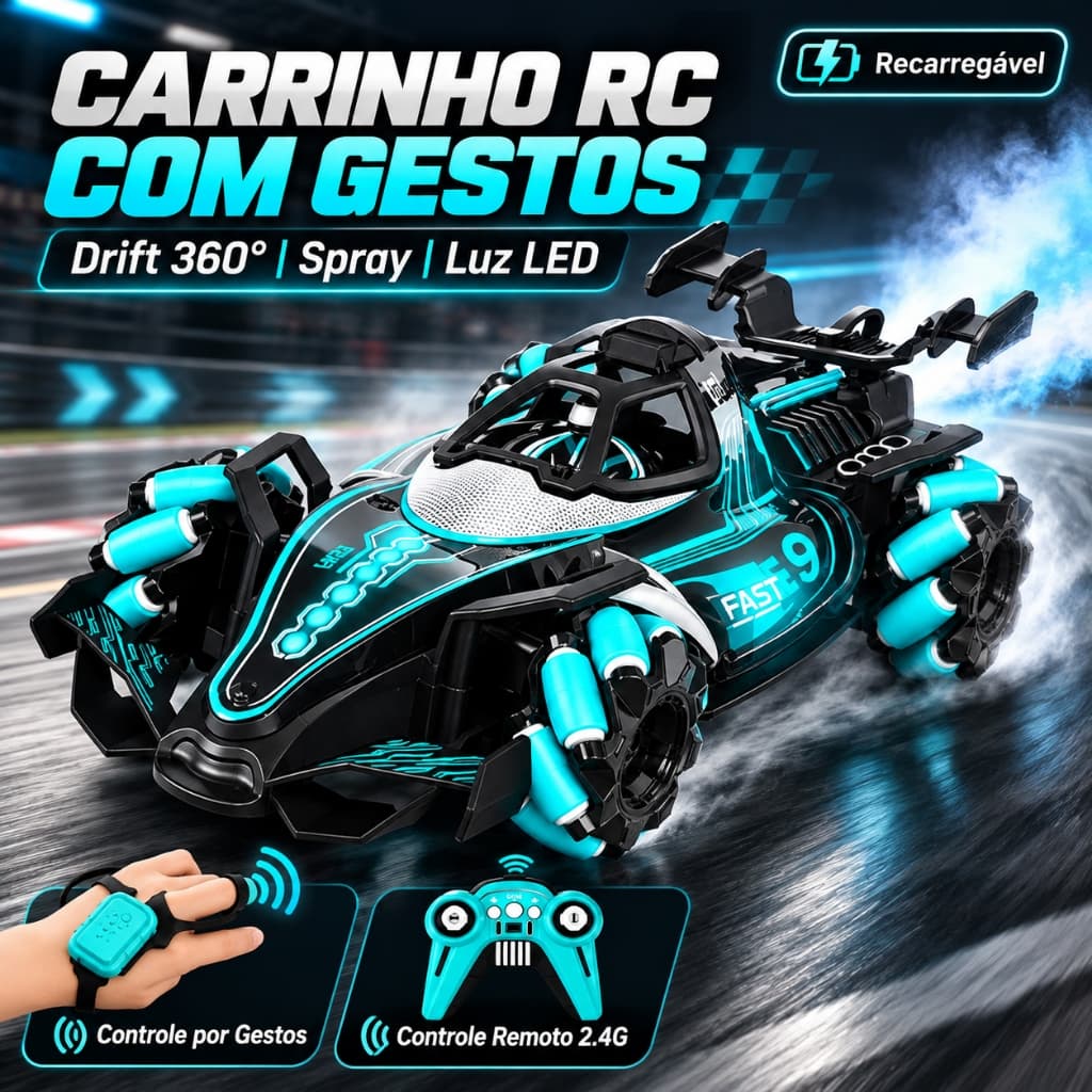 Carrinho Controle Remoto 2.4G com Controle por Gestos Drift 360° Spray Luz LED Recarregável Infantil