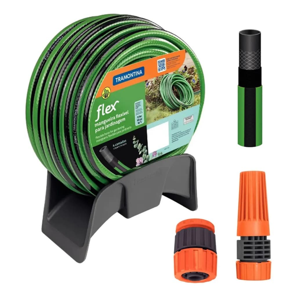 Mangueira jardim Tramontina com Suporte de Mangueira resistente ate 25 metros + engate e esguicho
