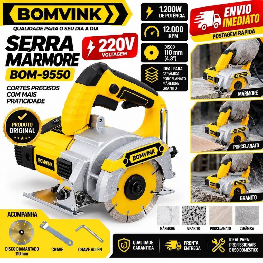 Serra Mármore Bomvink 1200W 220V Disco 110mm 12000 RPM Profissional BOM-9550