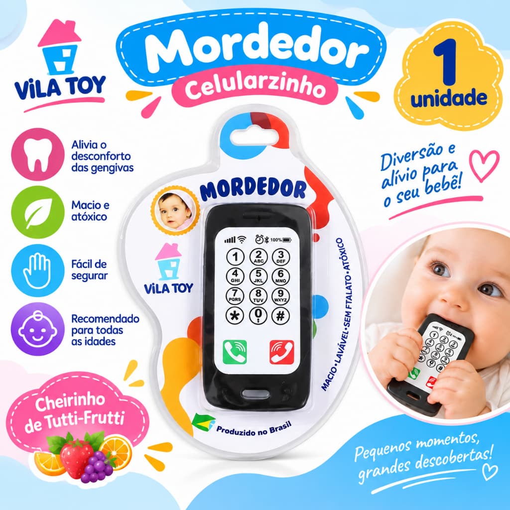 Mordedor Infantil Celular Vila Toy – Alívio e Estimulação Sensorial