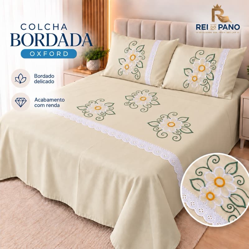 Kit Colcha Cobre Leito 3Pçs Bordada Oxford Casal Queen com Renda Premium