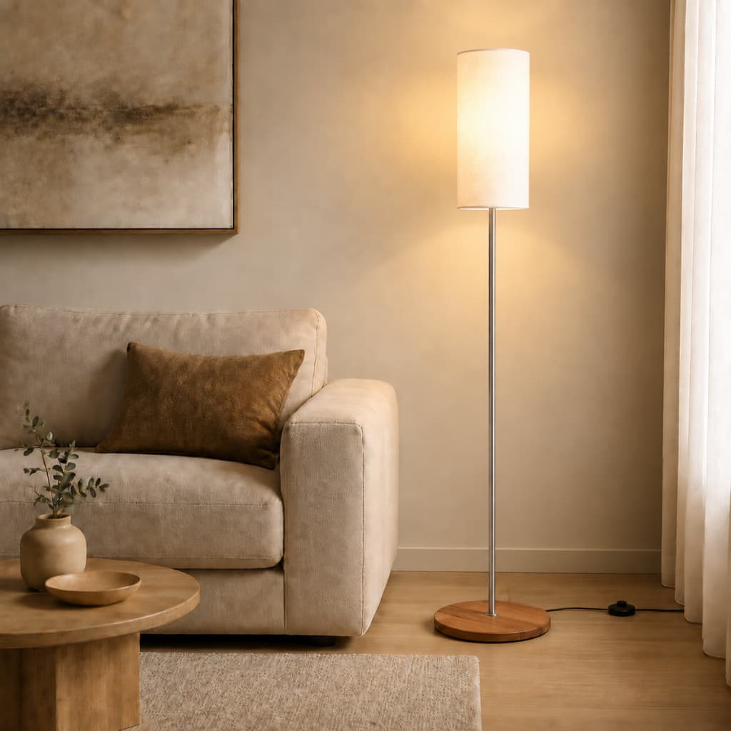 Luminária de Chão/Piso Madeira Maciça – Base Redonda + Cúpula | Sala, Quarto e Escritório