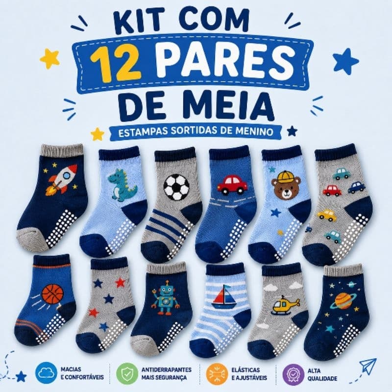Kit com 12 pares de meia antiderrapante para menino bebê infantil