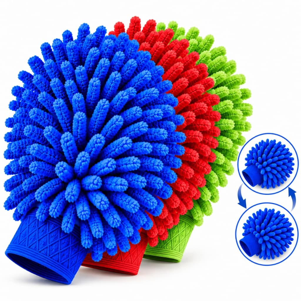 kit 2 Luva de Microfibra Chenille Dupla Face para Lavar Carro Lavagem Automotiva Multiuso 20x14cm