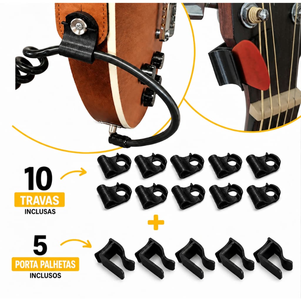Kit 10 Trava Correia Straplock + 5 Suporte Porta Palheta
