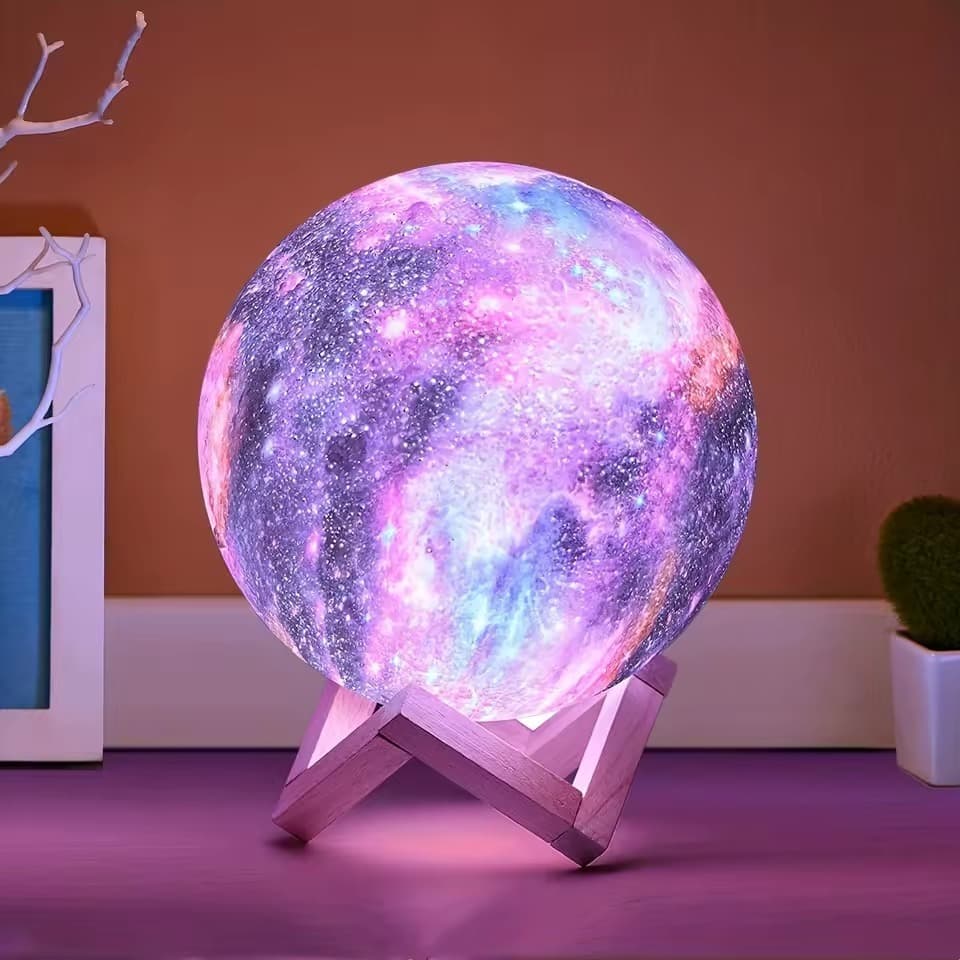 Luminária Lua 3D de Mesa Com Suporte Abajur RGB 16 Cores Touch Galáxia