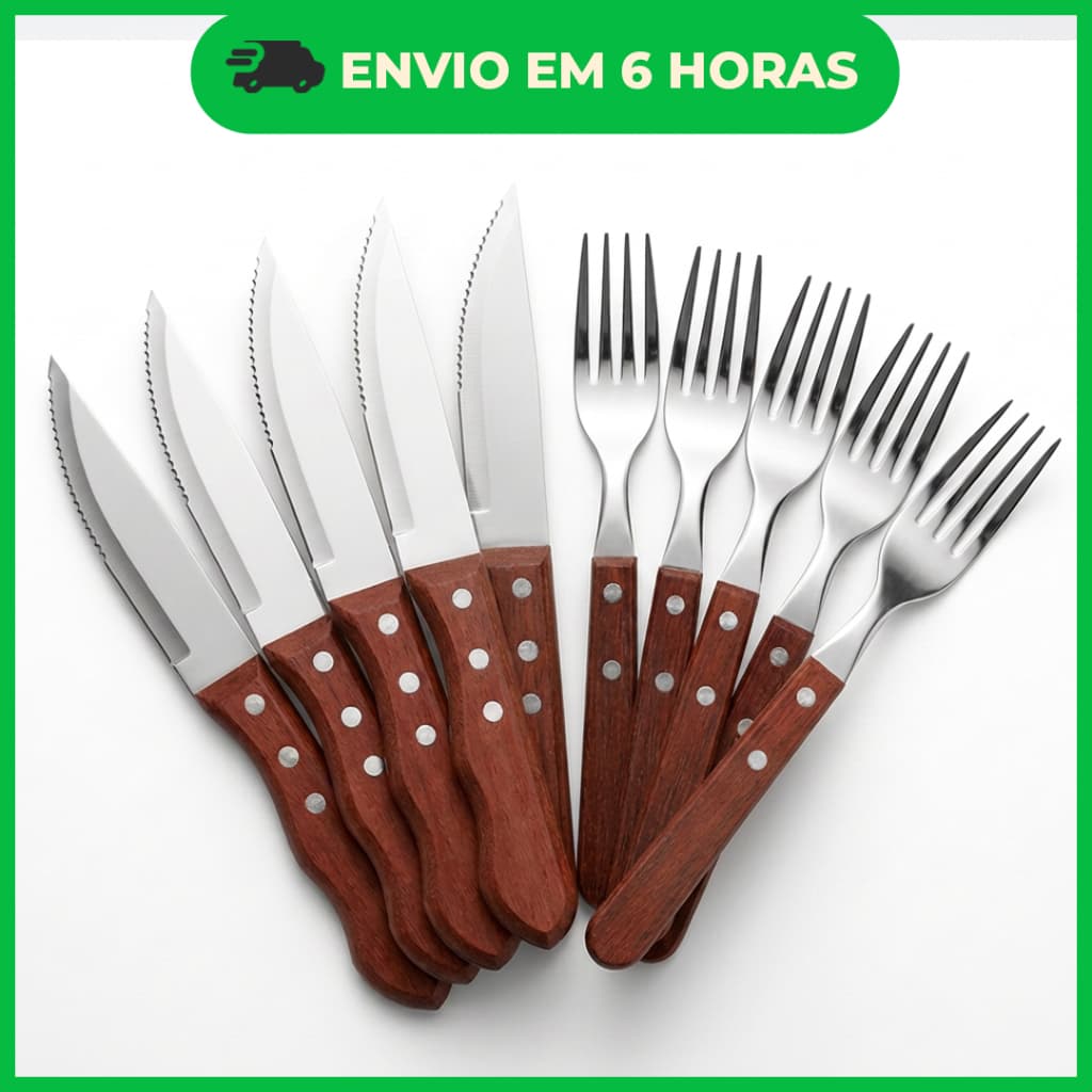 Kit 12 peças Garfo e Faca - Estilo Outback Cabo De Madeira Aço Inox