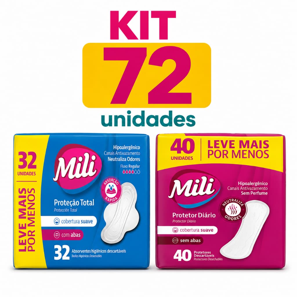Absorvente Mili Com Abas 32un + Protetor Diário Íntimo 40un Kit 72un Higiene Feminina