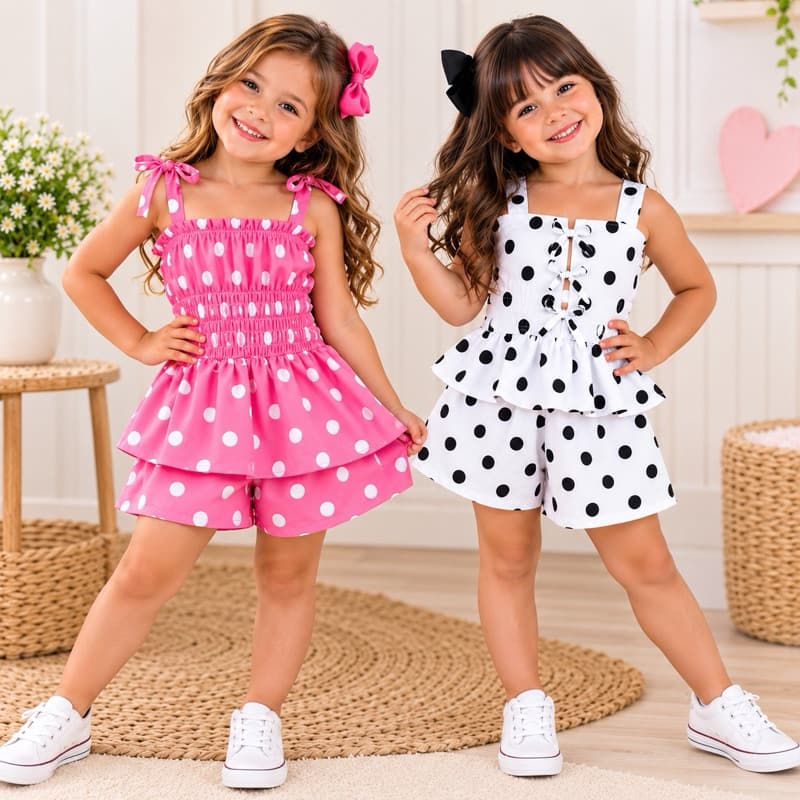 Conjunto Macaquinho Infantil Menina Verão Moda Poá Colorido