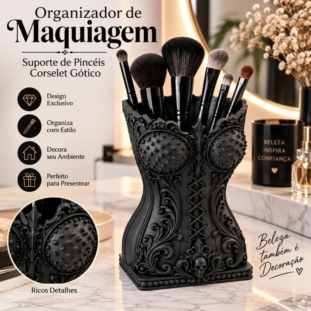 Organizador de Maquiagem Corselet Gótico – Suporte para Pincéis Decorativo em 3D