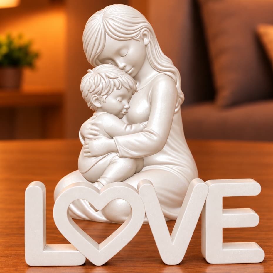 Kit Escultura Decorativa Mãe e Filho Plaquinha Love Estátua Maternidade Estatueta Família Moderna Sala Quarto Presente
