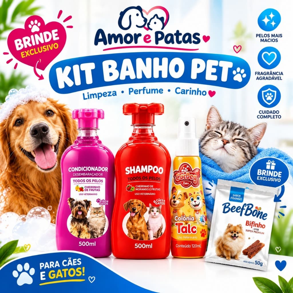 Kit Banho Pet Shampoo Condicionador Colônia Cães e Gatos Banho e Tosa + Brinde Petisco