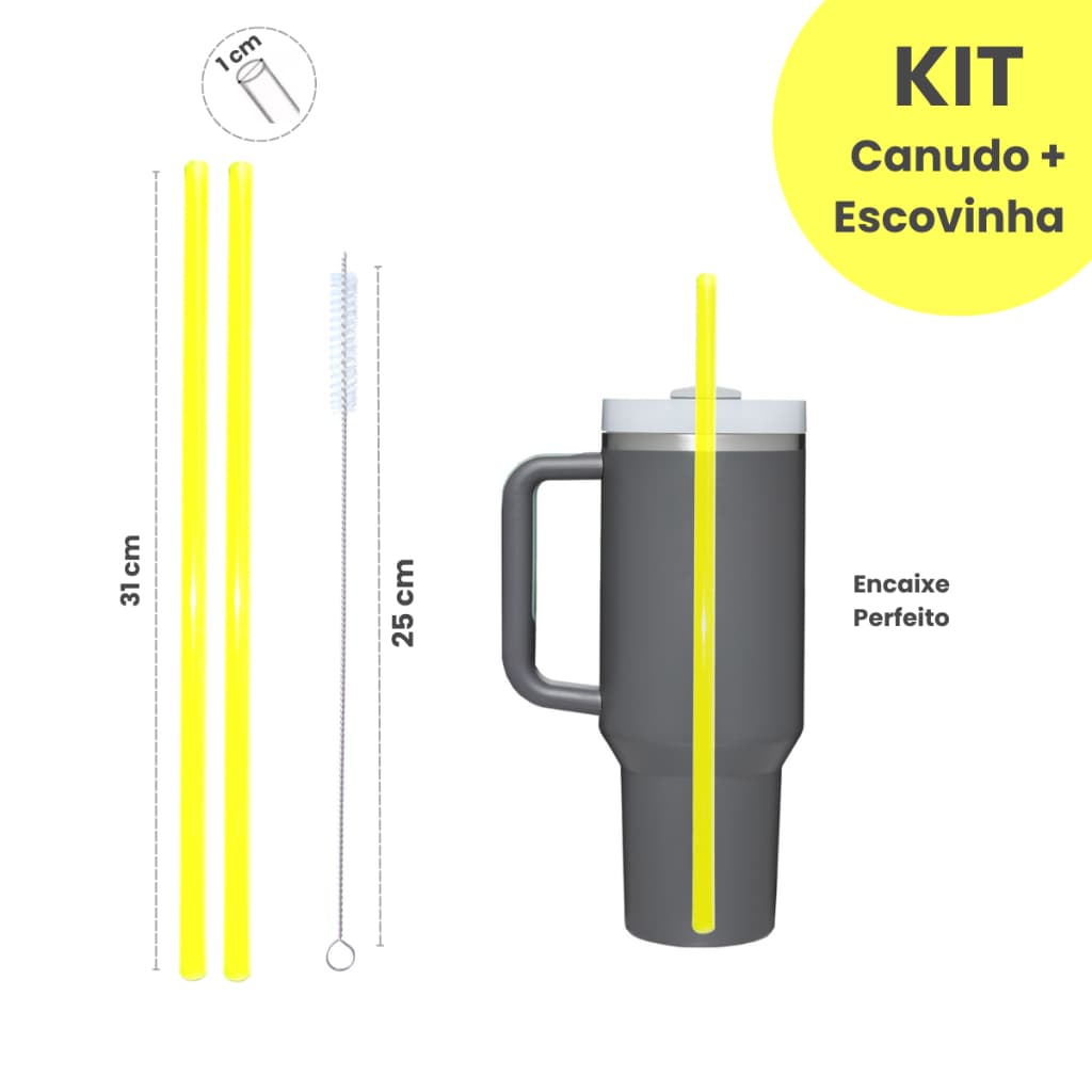 Canudo Substituição 31 Cm Amarelo Neon 31cm para Garrafa Quencher + Escovinha Limpeza Reutilizável