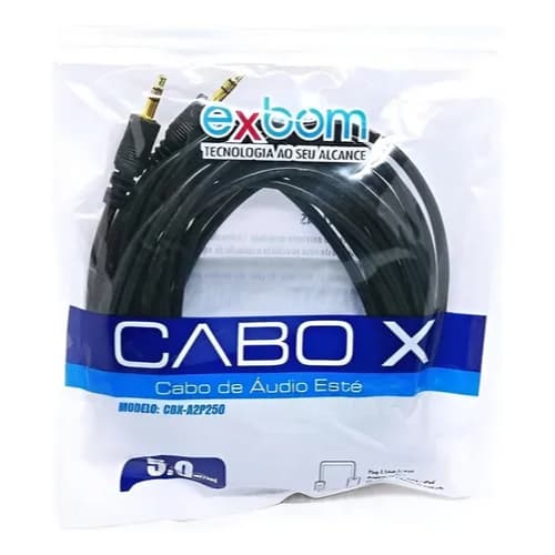 Cabo de Áudio Auxiliar P2 x P2 Estéreo 5 Metros Com Pontas Douradas Exbom CBX-A2P250