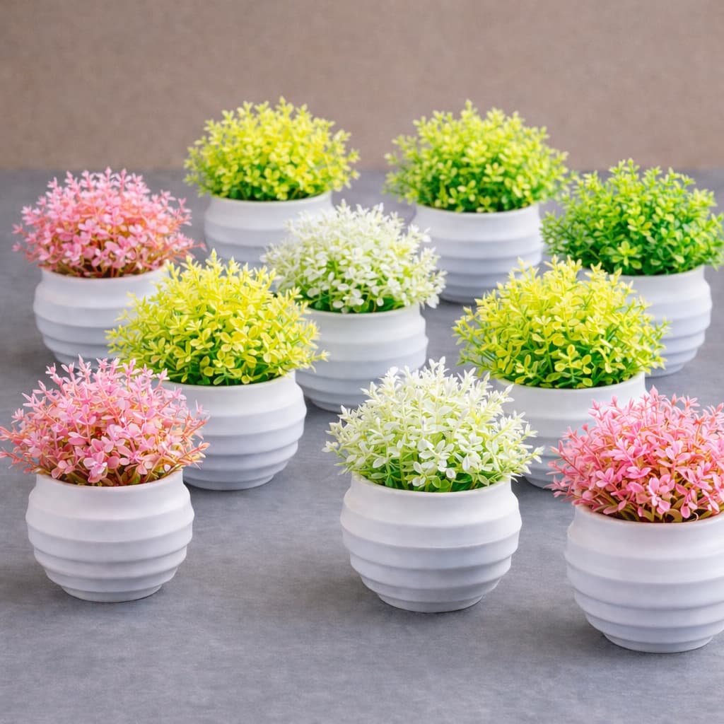 Kit 5 a 10 Vasinhos Branco de Planta Artificial Flores Decorativos Decoração Rack Sala Cachepot
