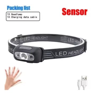Lanterna de Cabeça Portátil com Sensor LED de Luz Forte, Recarregável via USB, Ideal para Camping