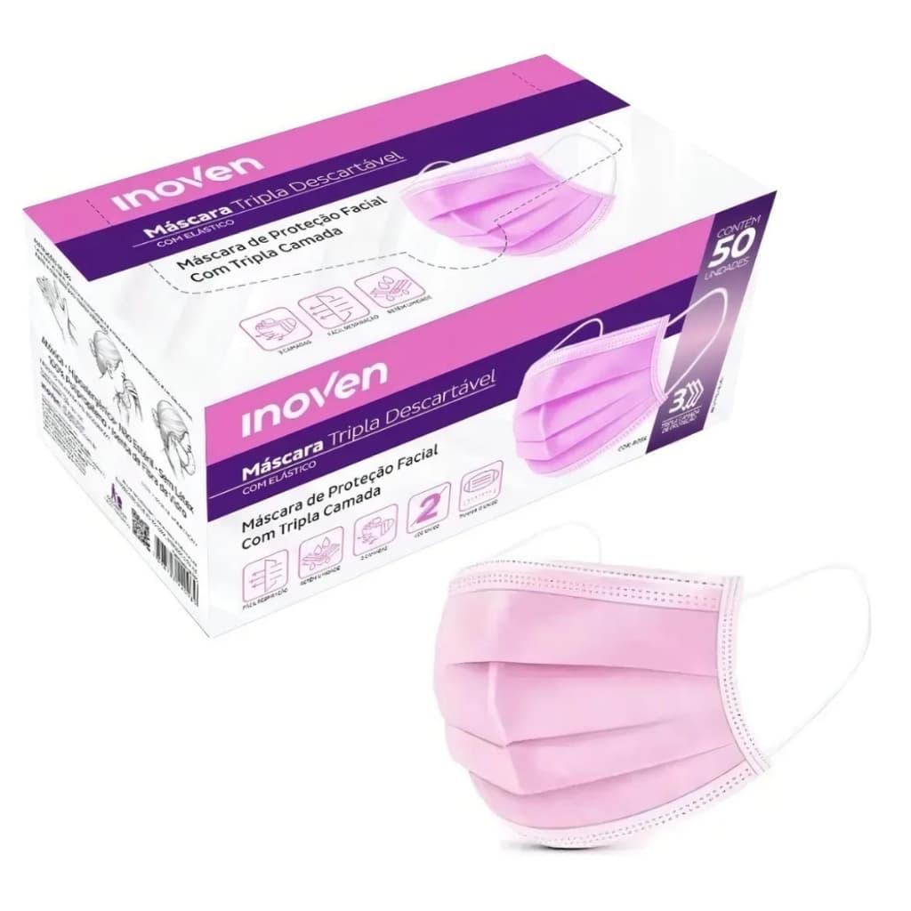 Kit 50x Máscara Rosa Descartável Proteção Facial Tripla Camada Fácil Respiração Elástica
