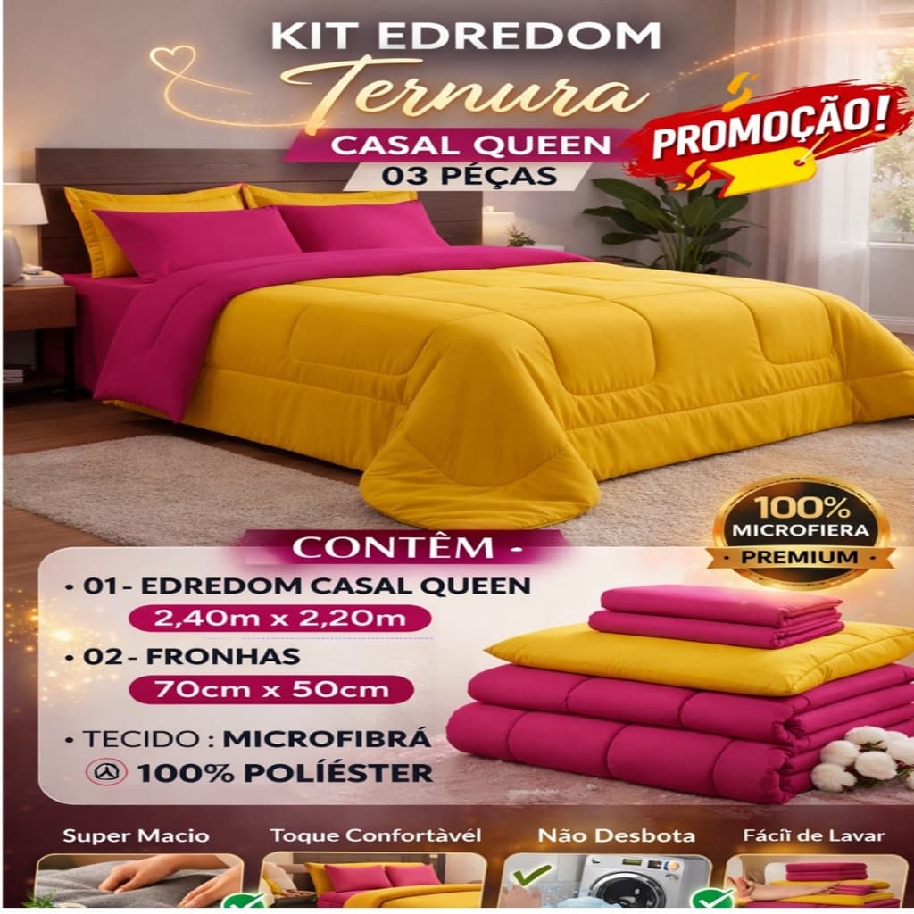 Kit Edredom Ternura Casal Queen Dupla Face 03 Peças Promoção ( PINK COM AMARELO )