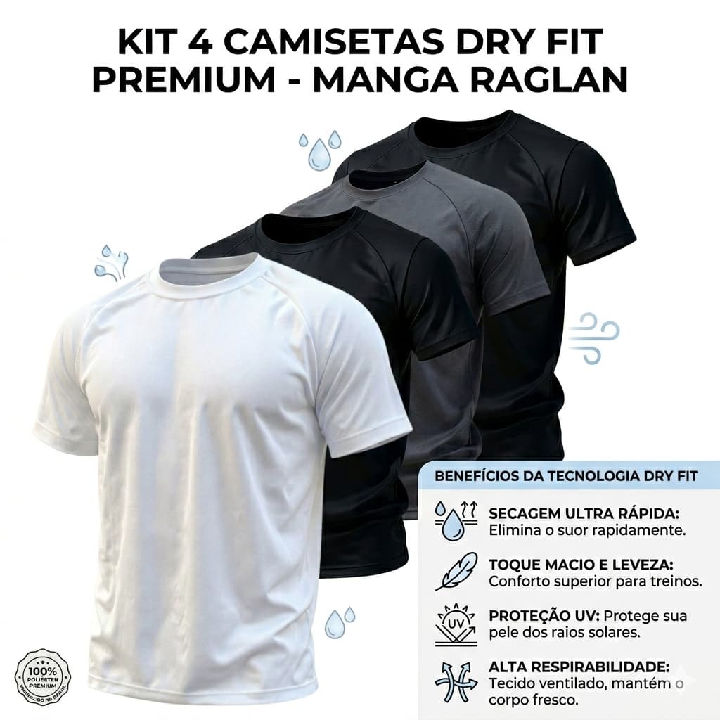 Kit 4 Camisetas Dry Fit Premium Raglan Masculina | Academia Fitness Treino Musculação Casual Respirável Leve