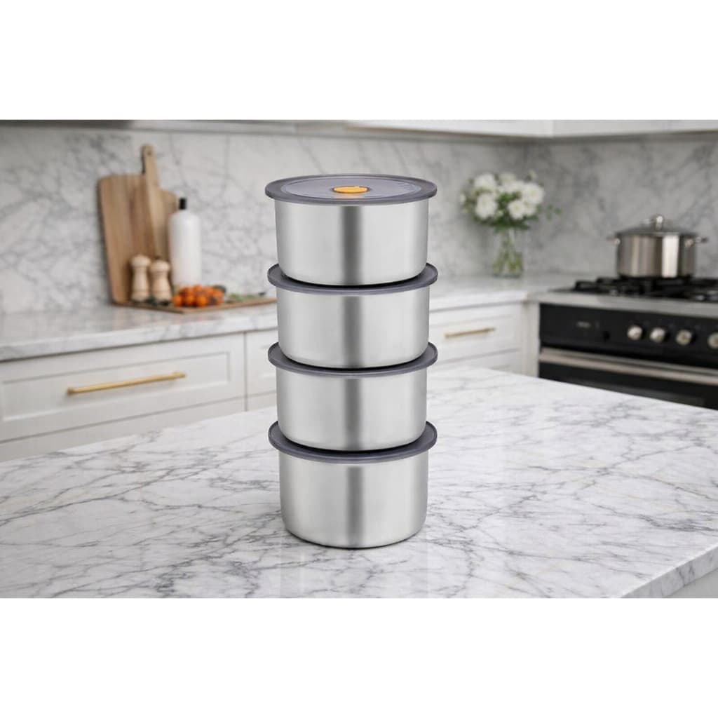 Kit 4 Potes Hermeticos Redondos Aco Inox 450ml Preserva Frescor Organiza Cozinha Duravel
