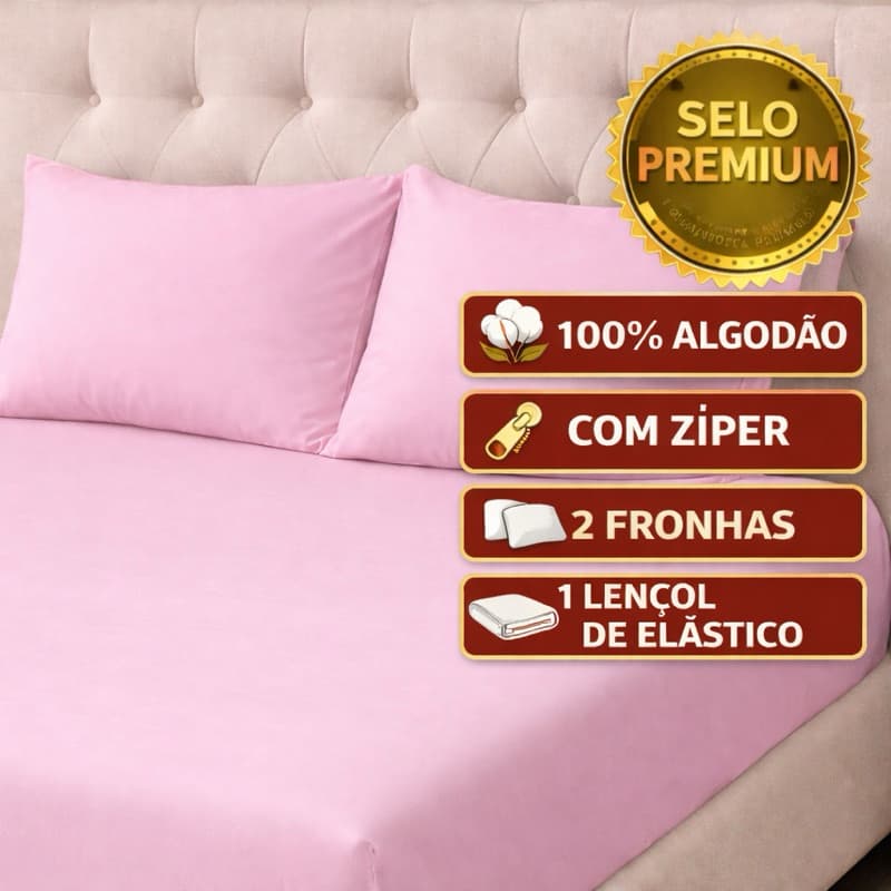 Lençol malha queen box casal 100% algodão com fronha rosa claro - 3 peças