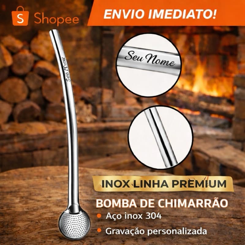 Bomba de chimarrão inoxidável linha Premium Personalizada com seu nome ou logo