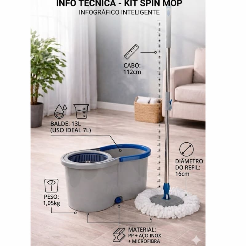 Mop Giratório Balde Com Alça 13 Litros Limpeza Prática Resistente Sortido