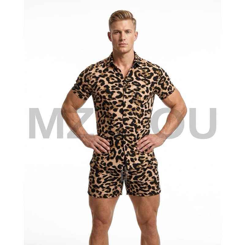 Conjunto Camisa e Short Onça Adulto Masculino Tecido de Viscolinho Tendencia Verão Estiloso