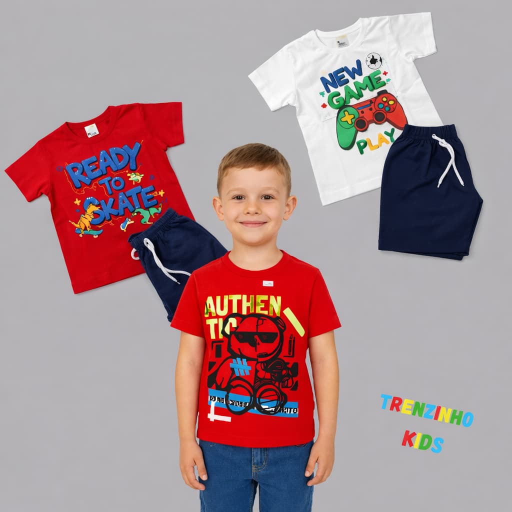 Kit 3 Conjuntos Infantil Masculino Camisa + Bermuda 4 a 8 Anos Roupa Menino 6 Peças Sortidas