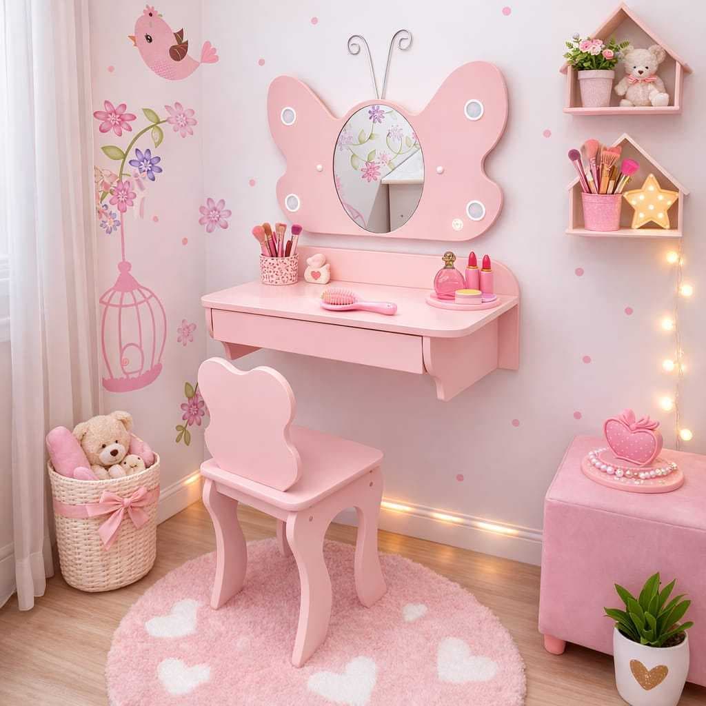 Penteadeira Mini Infantil Escrivaninha Rosa 100% MDF Acompanha Banqueta E Espelho Com 4 LEDs