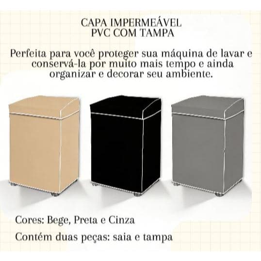 Capa de Máquina de Lavar PVC Impermeável Com Tampa Cores Bege Cinza Preta