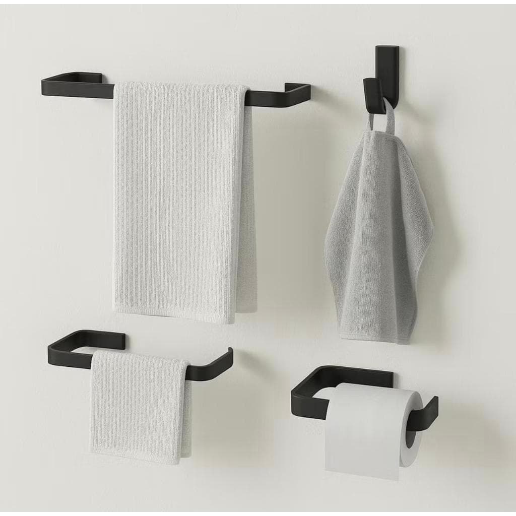 Kit Acessórios Para banheiro 4 Pçs Suportes Cabides Toalheiro Papeleira em Metal Preto ou Cromado
