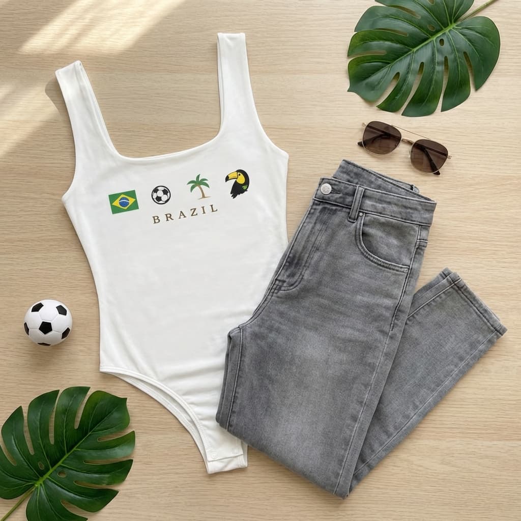 Blusa Body Bori Macacão Brasil Blusinha do Brazil BraziCore Estampada Bory Decote Quadrado Regata Estampas Exclusivas