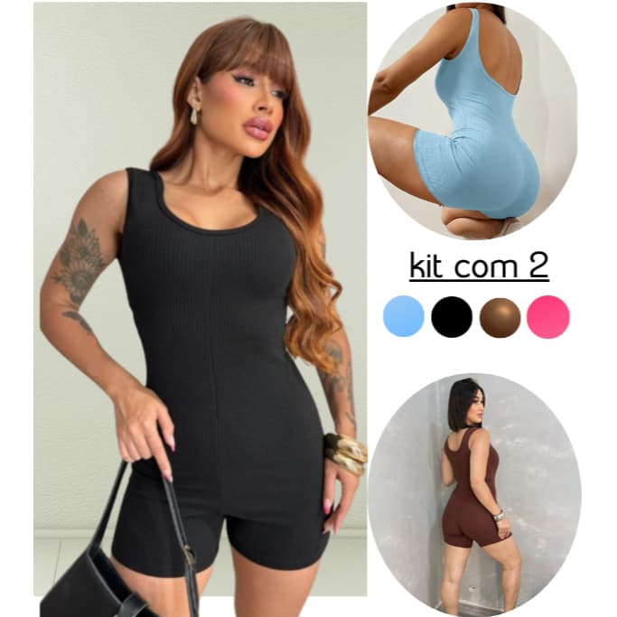 Kit Com 2 Macaquinho Regata Regatinha Canelado Curto Alcinha Ribana Canelado Feminino Forrado Fitness Academia