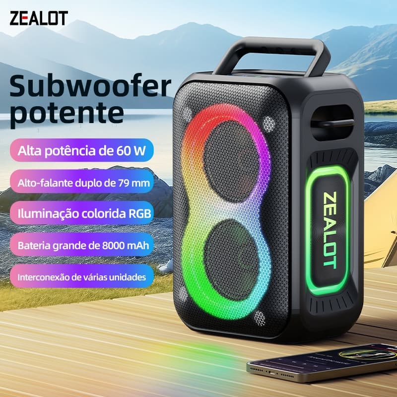 ZEALOT PT02 Caixa de Som Bluetooth 60W Portátil 8000mAh TWS IPX5 Potente Alta Performance Longa Duração Design Moderno