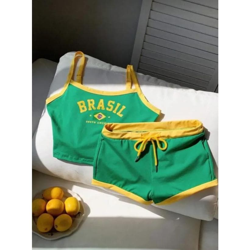 Conjunto Brasil Feminino Short curto e cropped alcinha Copa do Mundo