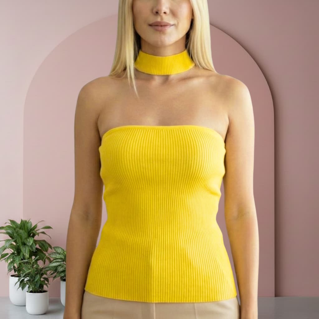 Blusa Feminina Tomara Que Caia Top Tube Gola Choker Original Ajuste Perfeito Canelado Bojo Premium