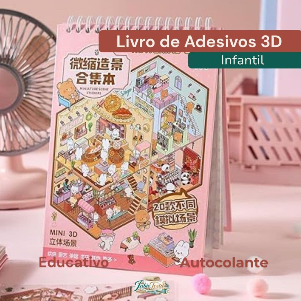 Livro de Adesivos 3D Infantil Educativo Montagem de Cenários Autocolante DIY