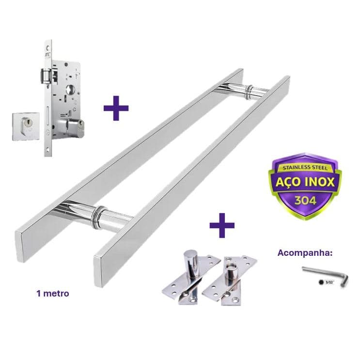 Puxador Aço Inox 1 Metro + Fechadura + Dobradiça Pivotante Cor Polido Brilhante