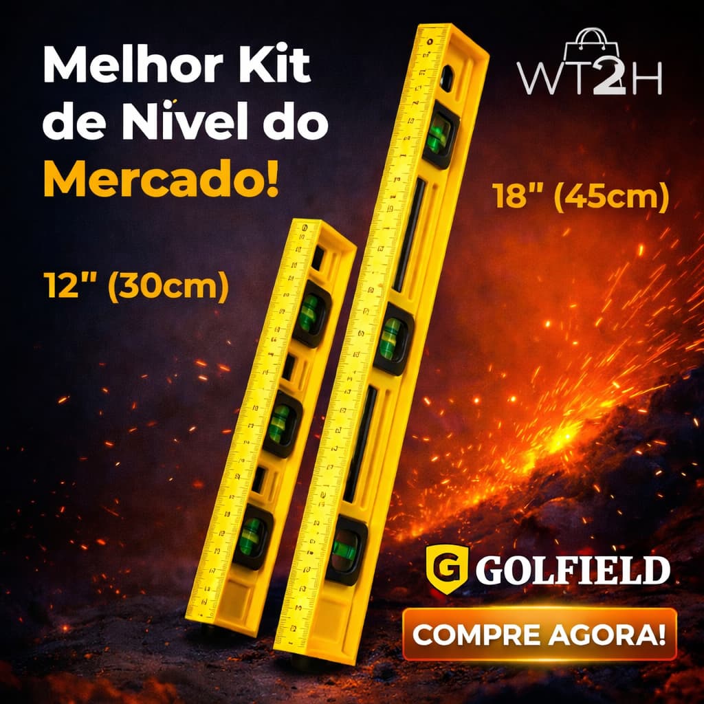 Kit Nível Profissional 12 e 18 (30cm e 45cm) Golfield 3 Bolhas de Precisão, Régua Integrada