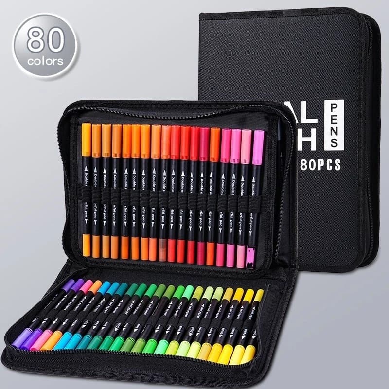 Kit 80/100/120 Cores Caneta 2 em1 Brush Lettering e Ponta Fina Dual Pen Canetinha Colorir Desenho