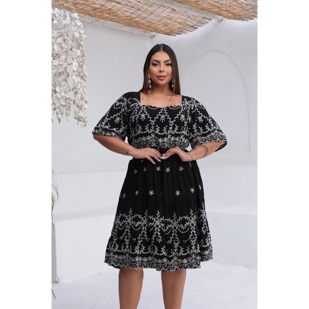 Vestido Midi Plus Size Viscolinho Bordado Gola Quadrada G2 G3